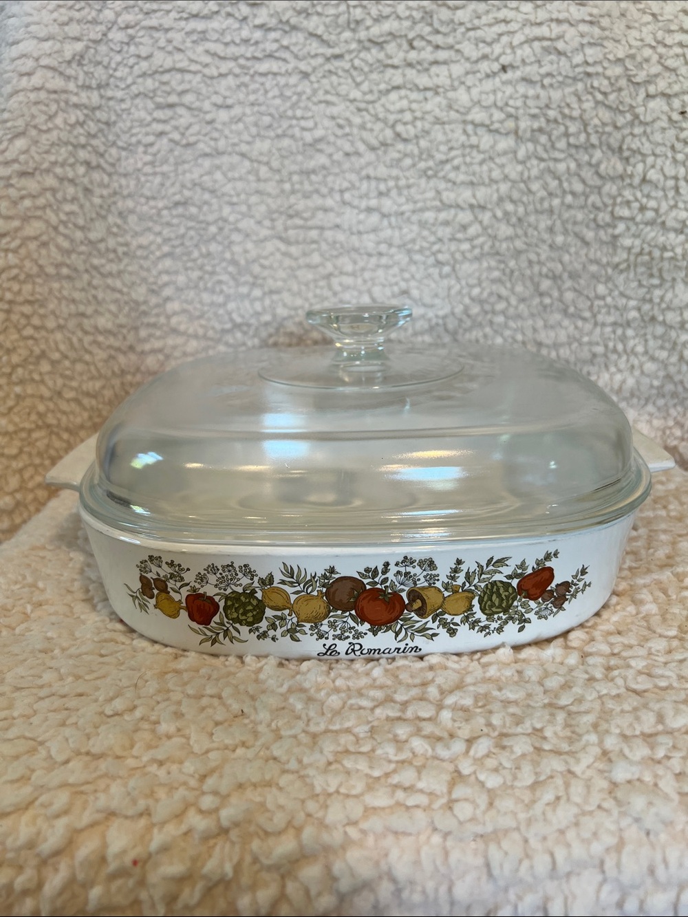 Vintage Corning Ware Spice of Life "Le Romarin" casserole dish with Pyrex lid.